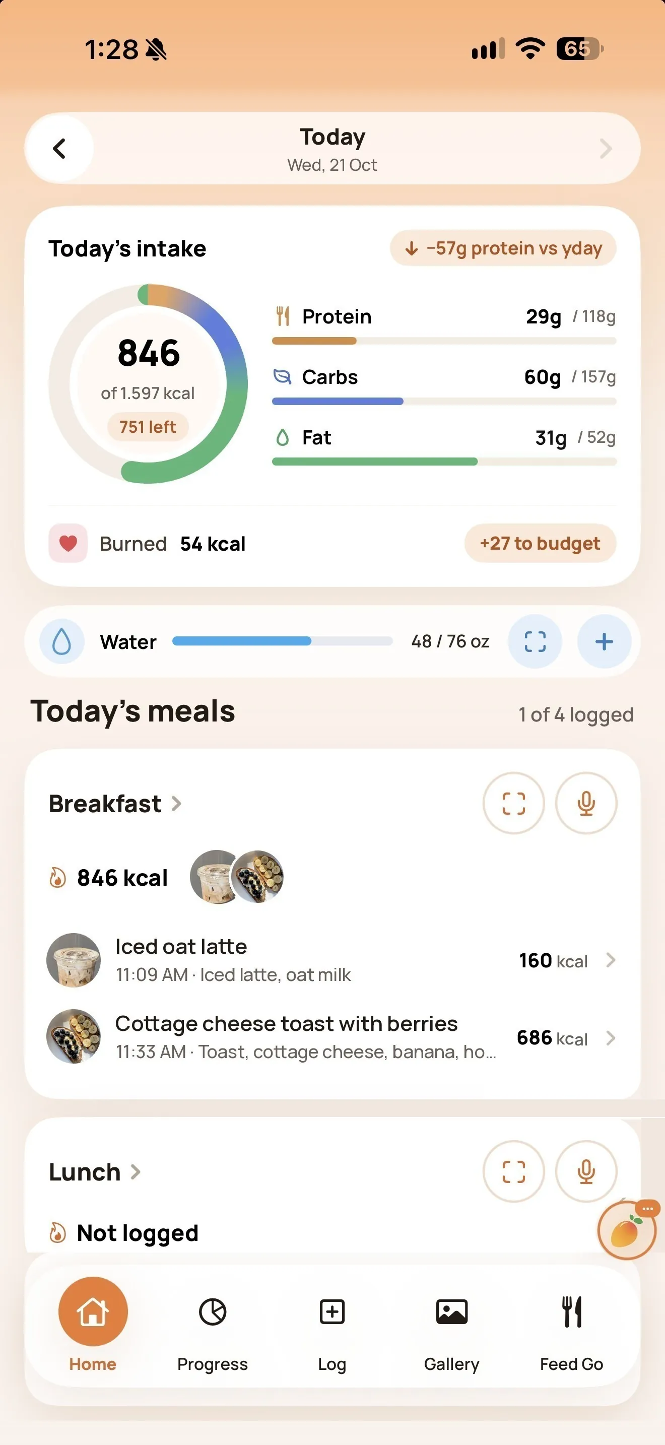SnapGo home screen showing today's calories, water and meals